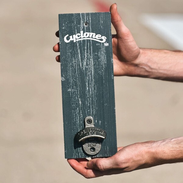 Cyclones Script Black & White Wall Mount Wood Bottle Opener (4.5"x12")